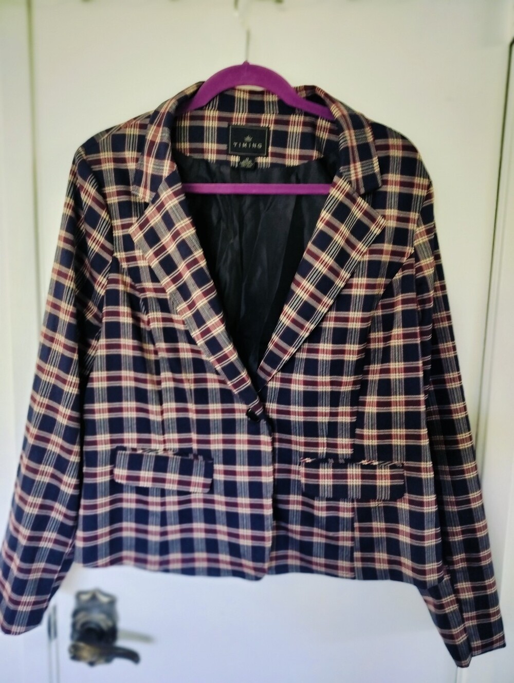 Timing Cropped Navy & Burgundy Plaid Blazer Jacket 1x Pockets